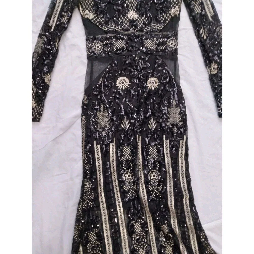 Fashion Nova Dress Black Gold Sequin Floral Embroidered Evening Gown Size Small - Picture 15 of 16